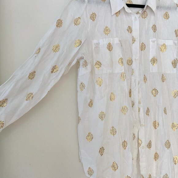 BODEN 100% Linen Gold Foil Medallion Block Print Button Down Shirt Blouse L/XL - Picture 6 of 12